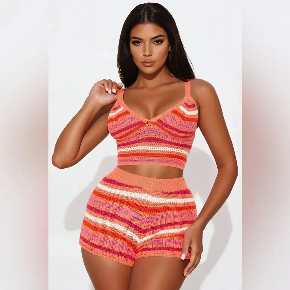 MIYA STRIPED CROCHET SHORT SET